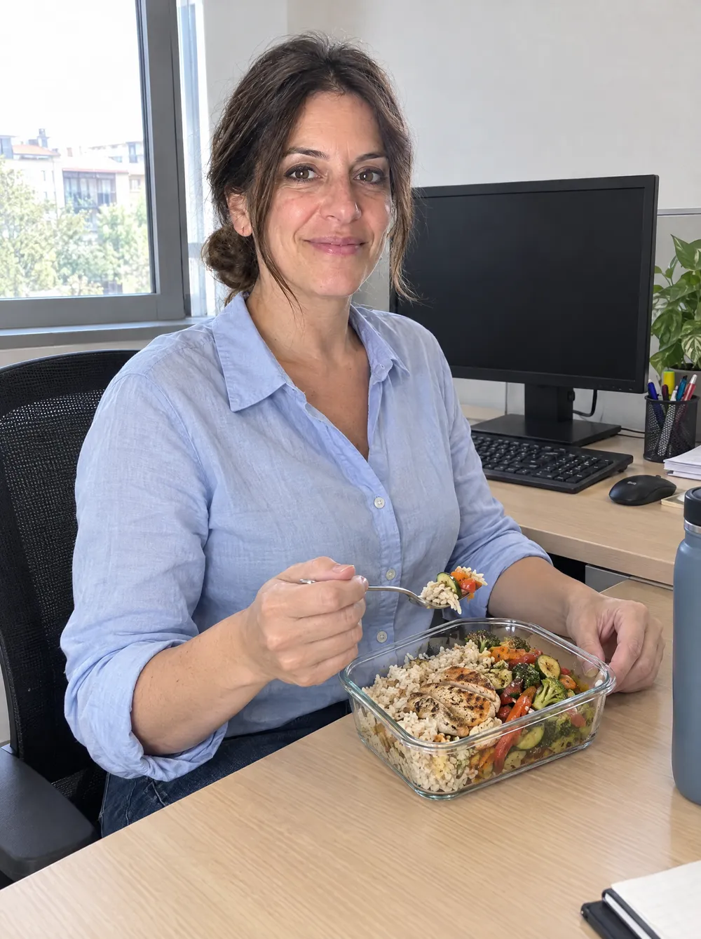 Il pranzo in ufficio: riso, pollo e verdure